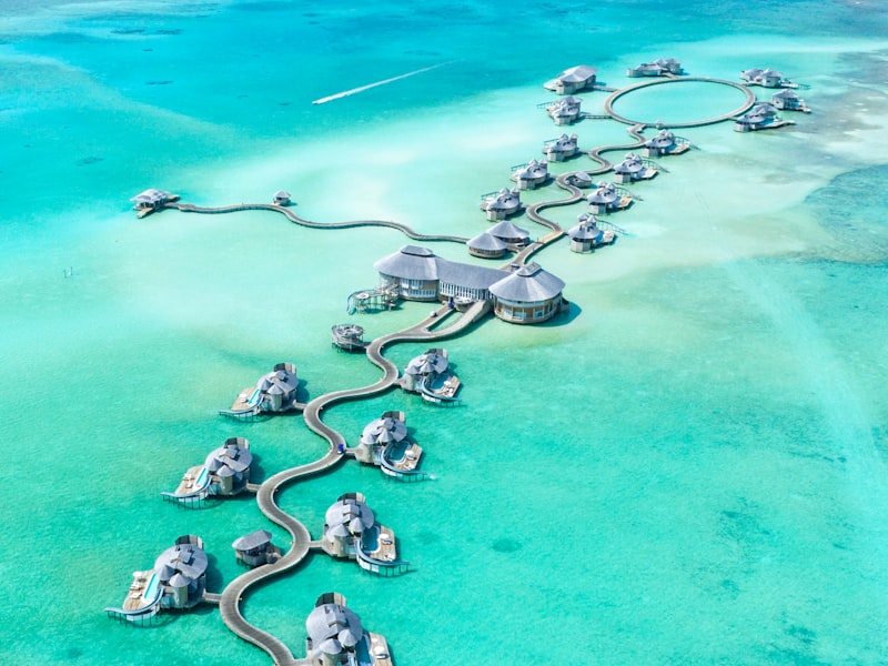 Turquoise lagoon and overwater villas in the Maldives