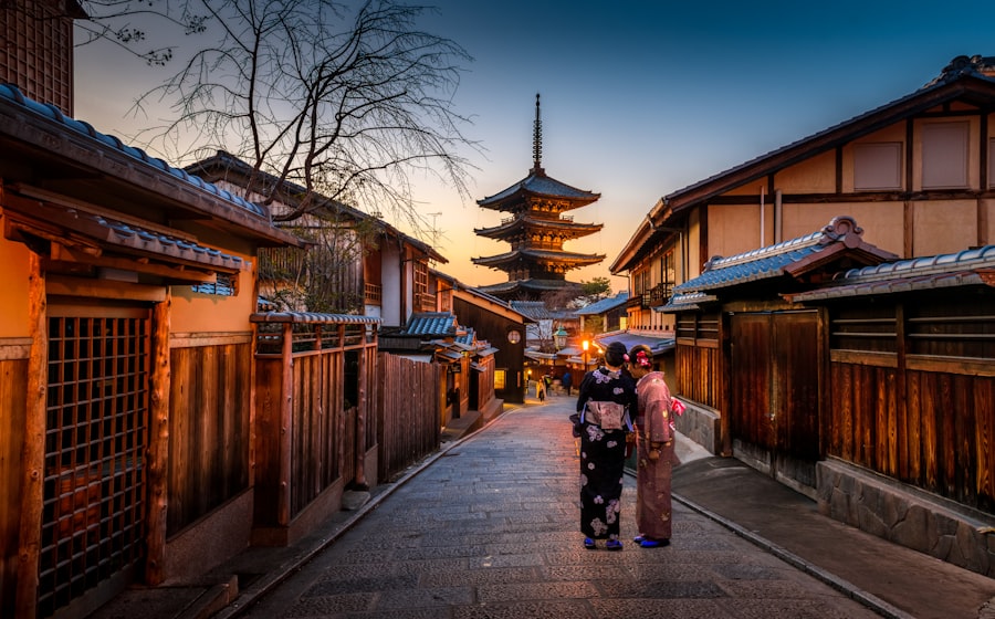 Traditional temple path and autumn foliage in Kyoto